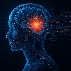 AI generated futuristic digital brain concept with glowing blue circuit lines orange light core and human head outline symbolizing intelligence data processing technology and connectivity
