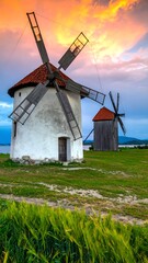 Two Historic Windmills Standing in a Green Field, Sunset Sky.