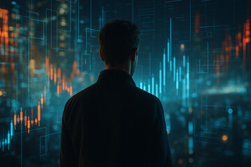 AI generated futuristic concept showing a man from behind facing glowing digital data graphs and city lights symbolizing human connection with technology future innovation and deep analysis