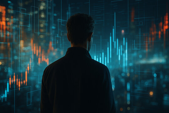 AI generated futuristic concept showing a man from behind facing glowing digital data graphs and city lights symbolizing human connection with technology future innovation and deep analysis