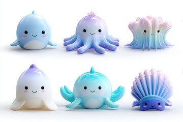 A collection of six adorable, pastel-colored sea creature toys arranged against a bright .