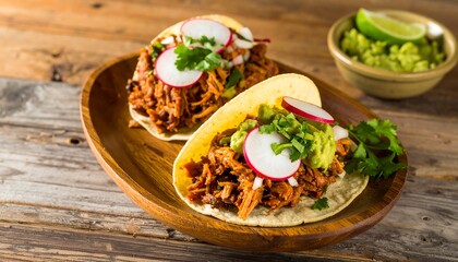 Two Prepared Tacos on Wooden Plate with Guacamole and Lime