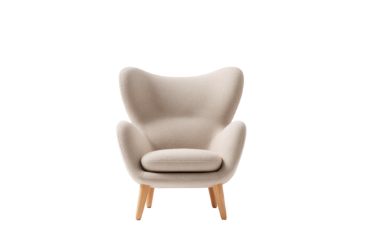 Light beige upholstered armchair with wooden legs