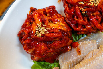 spicy radish kimchi in samhap cuisine