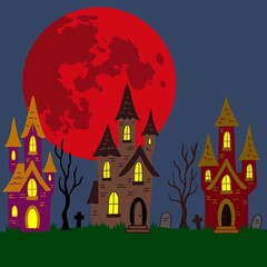 Haunted Houses Under Blood Moon with Graveyard and Twisted Trees – Spooky Halloween Night Scene