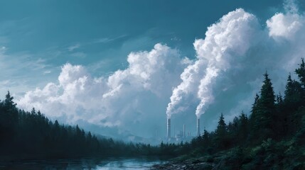 Fototapeta premium Industrial power plant stacks emitting large plumes of white smoke into a vast cloudy sky above a dark misty forest and river