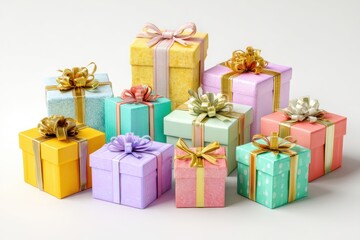 Fototapeta premium A colorful collection of wrapped gifts are stacked together, ready for a celebration or special occasion.