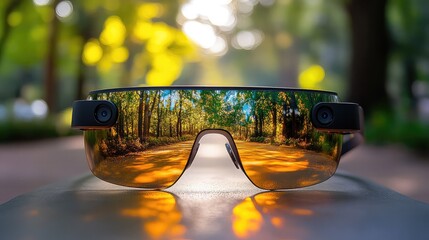 A pair of futuristic augmented reality glasses reflecting a sun-dappled forest path.