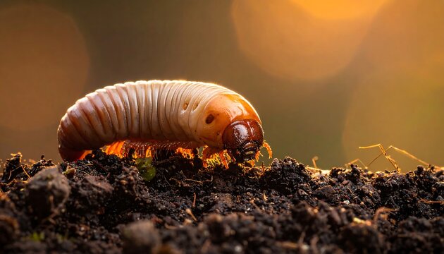 Close-up of a grub in the soil with soft lighting