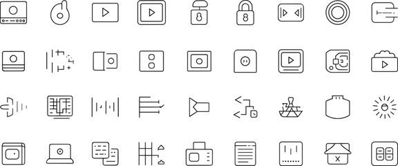 Multimedia line icons collection with play button, video, audio, music, streaming, cloud storage, interface, data, technology, digital communication