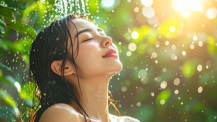 シャワーを浴びる若い女性のイメージ テキストスペース 背景素材 16:9サイズ AI生成素材