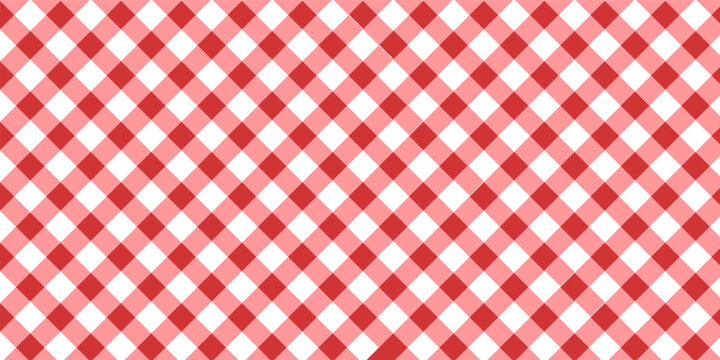 Red and white diagonal gingham or vichy pattern. Textile design. Traditional tablecloth, picnic plaid, basket napkin, towel or handkerchief print