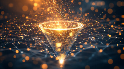 Gold, silver, and white data technology concept with funnel symbolizing flow and processing of vast data into insights, empty space reflecting chaos and potential