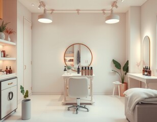 Minimalist luxury hair salon studio setting with cosmetic products and no people.