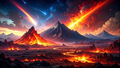 Vivid Illustration of a Fiery Mountainous Landscape with Meteors