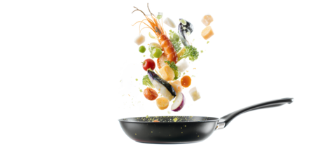 Fresh Ingredients Falling into a Pan, Food Preparation Concept