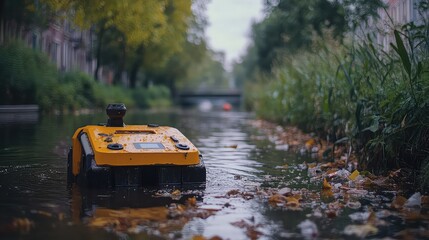A yellow autonomous robot navigates a canal filled with fallen leaves and debris.