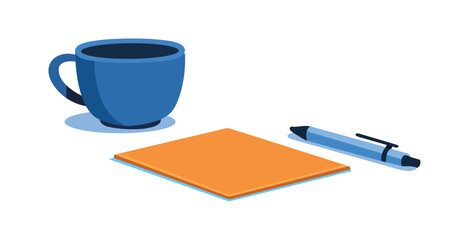 Coffee mug, notebook and pen ready for work or study, Isolated on white background.