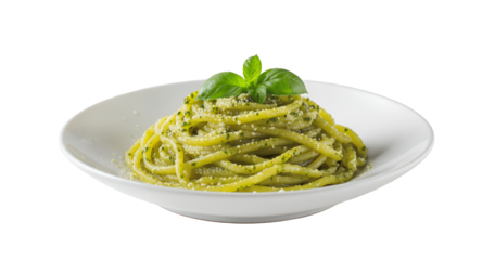 Fresh Pasta with Green Sauce and Basil on a White Plate, Food Photography