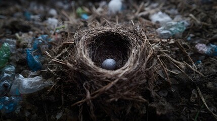 A bird s nest with a single egg rests amidst a landscape of plastic waste symbolizing nature s struggle for survival