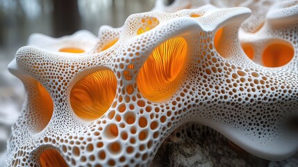 Intricate porous white structure with glowing orange interior, resembling a biological or alien formation.