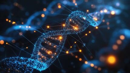 Abstract visualization of a glowing DNA double helix structure with interconnected nodes and particles, representing genetic code and molecular biology.