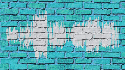 Sound wave painted on a blue brick wall with rough texture and white paint