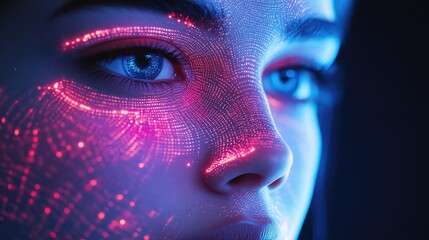 Close-up of a woman's face with intricate neon pink digital patterns projected onto her skin, highlighting her blue eyes and features against a dark background.