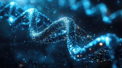 A glowing blue DNA double helix structure composed of shimmering particles, set against a dark, bokeh-filled background.