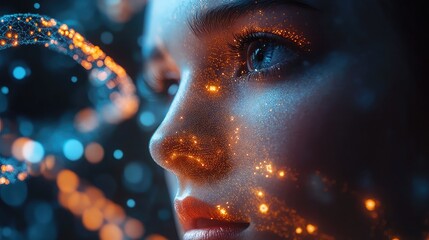 Close-up of a woman's face with glowing particles and abstract light trails.