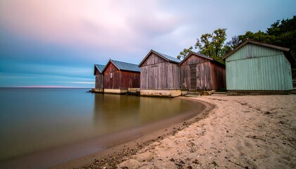 Wooden Boat Houses Along Serene Lake Shore at Dusk
