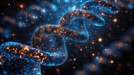 Abstract visualization of a glowing DNA double helix structure with shimmering particles in a dark background.