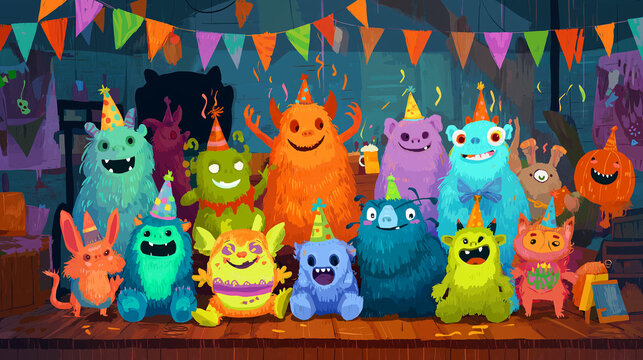 Monster Mash Party. Colorful monsters celebrating, Halloween, fun, cartoon - Powered by Adobe