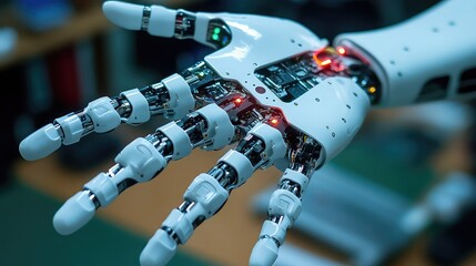 Close-up view of a highly detailed robotic hand with visible internal mechanisms and glowing red lights.