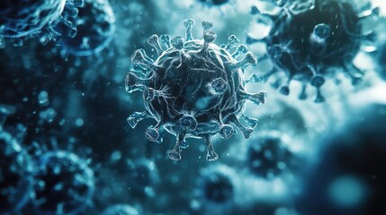 Microscopic view of a virus particle with its characteristic spikes, illustrating the microscopic world of pathogens.