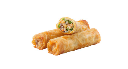 Golden fried spring rolls on a white background