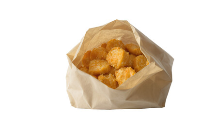 Golden Fried Square Food Items in a Brown Paper Bag, Studio Shot