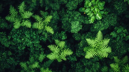 Aerial view of lush green ferns and dense forest canopy, showcasing the vibrant biodiversity of a natural ecosystem.