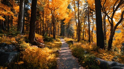 Obraz premium Golden autumn forest landscape with warm sunlight filtering through tall trees, distant shadows creating depth, top-right white space perfect for inspirational text or seasonal advertising background.