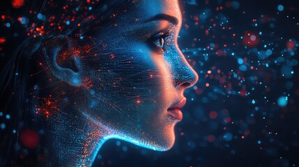 A profile portrait of a woman's face illuminated by glowing blue and red particles, suggesting a futuristic or digital theme.