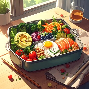 Colorful and fresh meal arranged in a bento box
