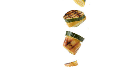 Grilled Vegetable Slices, Floating, Isolated on White Background