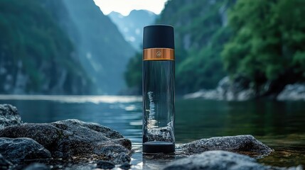 A clear glass bottle of perfume with a black cap and gold accent sits on rocks by a serene lake with misty mountains in the background.
