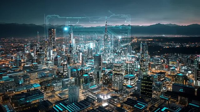 Futuristic city skyline at night with glowing digital overlays and mountains in the background - Powered by Adobe