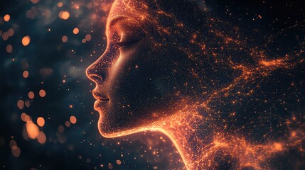 A profile of a woman's face illuminated by a cosmic nebula of orange and gold light, with glowing particles floating around her.