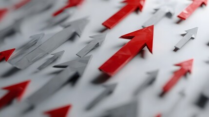A single red arrow stands out among many gray arrows all pointing in the same upward direction symbolizing leadership and progress