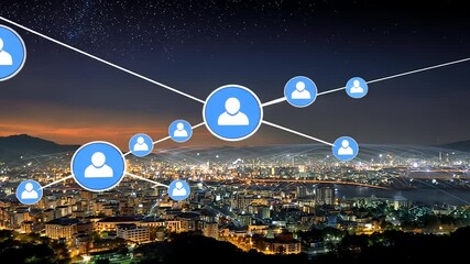 Night cityscape with digital connections illustrating social networking among people in urban setting - Powered by Adobe