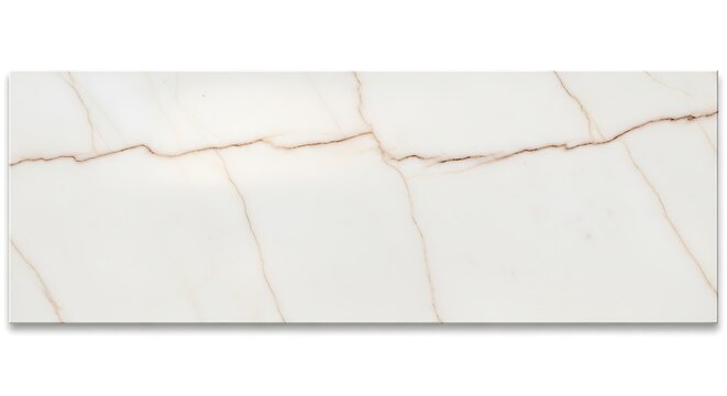 Close-up view of a rectangular, off-white marble tile with brown veining.