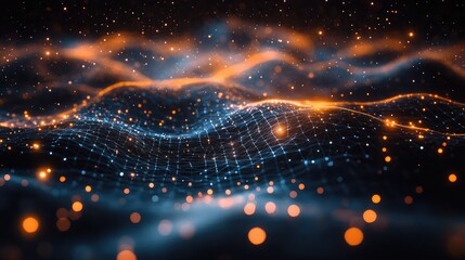 Abstract digital network with glowing particles and undulating waves of light.