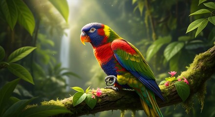 Colorful parrot perched on a mossy branch in a lush forest